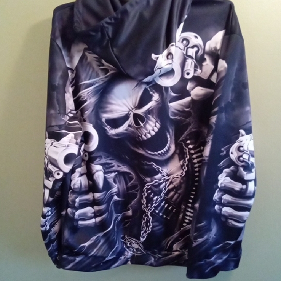 Mens XXL Black Skeleton All Over Graphic Sweatshirt Hooded Pocketed Halloween - Picture 4 of 4